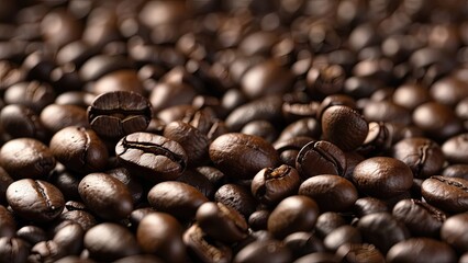 "Detailed Close-Up of Roasted Coffee Beans on a Dark Background"