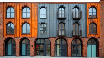 Mid-range view of a brick facade with alternating arched windows and minimalist metal accents, capturing mixed-era aesthetic