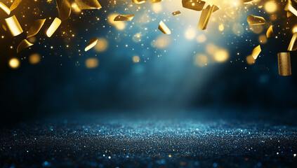 Dramatic stage with golden particles and blue spotlight abstract background, Perfect for award ceremonies and significant announcements