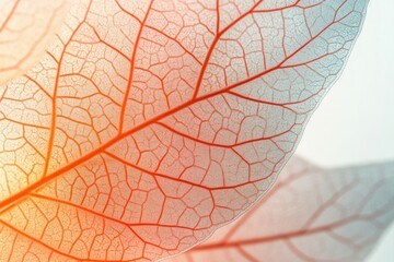 Obraz premium Close-up of translucent leaf veins, showcasing intricate network and delicate structure with warm color tones.