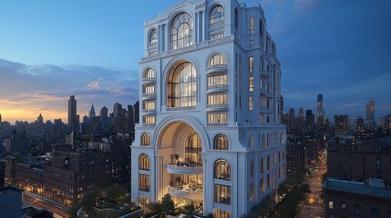 Modern white high-rise with classical touches--arched windows throughout and a huge central arch on the lower facade