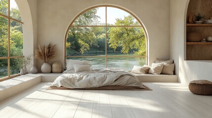 Peaceful bedroom setting with soft white oak flooring and arched windows framing a tranquil nature scene