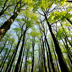 Fototapeta premium Beech Trees Forest in Early Spring, from below, fresh green leaves