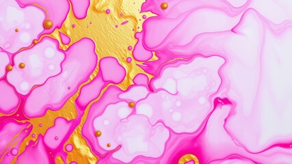 Abstract pink and gold fluid art painting texture background with swirling patterns and metallic accents ideal for design projects.