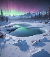 Snow-covered taiga, ice cap backdrop, ethereal aurora ,  northern lights,  trees