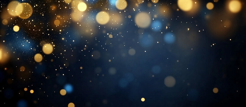 Scattered golden bokeh lights on deep blue night surface abstract background, Perfect for elegant celebrations and premium branding