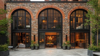 Street-level view of an elegant facade featuring tall, narrow arched windows in aged brick, upgraded with modern finishes