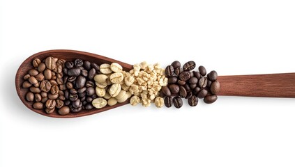 Obraz premium Roasted and green coffee beans in a wooden spoon