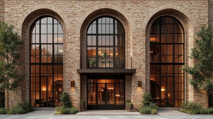 Street-level view of an elegant facade featuring tall, narrow arched windows in aged brick, upgraded with modern finishes