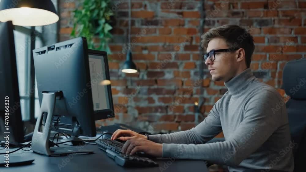 Wall mural man working on computer in modern office with focus and concentration