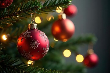 Ornament hanging on a decorated Christmas tree, festive lights glowing , background, bokeh