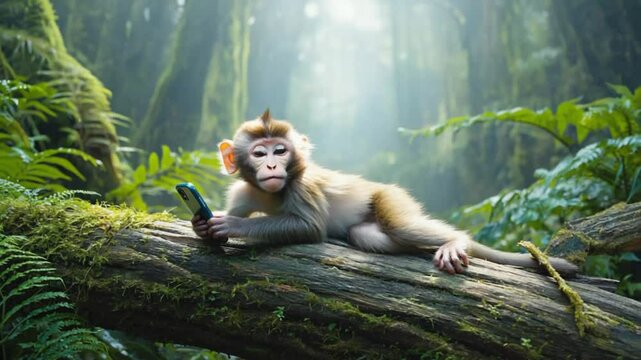 Monkey relaxing on a log and using a handheld device in a forest setting