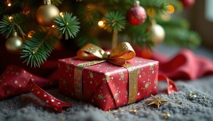 A beautifully wrapped Christmas present sits beneath a sparkling Christmas tree, adorned with festive ornaments , red, celebration, joy