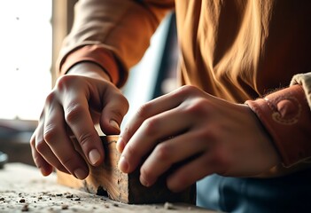 person working with a piece of wood on a table