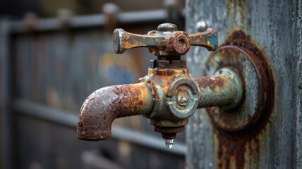 Rusty oil industry water tap with drop of water highlighting maintenance and service in gas industry