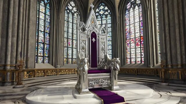 Ornate throne in grand hall with stained glass windows detailed interior