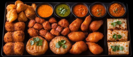 Assorted fried foods and sauces on a platter.