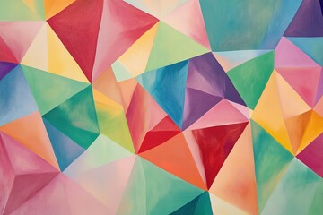 A background of multicolored triangles in various sizes and shapes, creating an abstract design that evokes the feeling of a colorful geometric pattern. The colors include shades of reds, greens