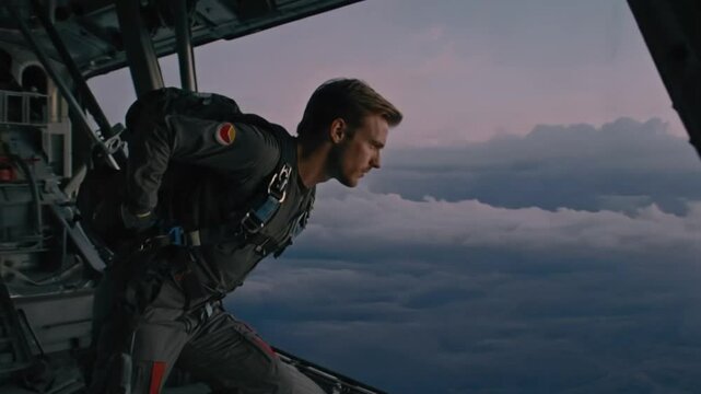 Person prepares to jump from airplane against colorful evening sky