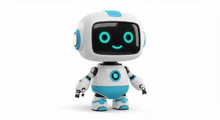 3D cute robot mascot with digital eyes, white and blue body, isolated on white background