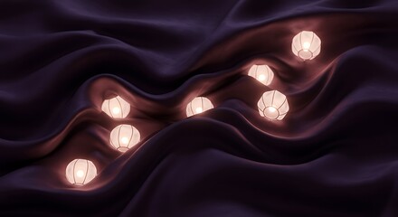 Glowing Lanterns on Dark Fabric Waves