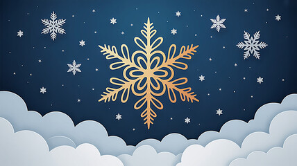 Paper cut clouds with snowflakes on blue sky background. Snowy winter holiday banner for Christmas and New Year Design.paper art