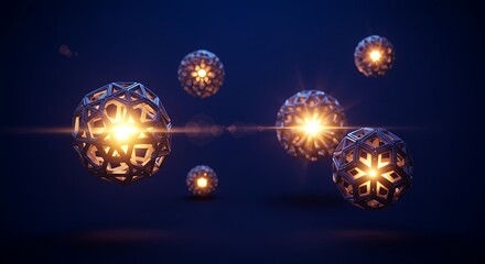 Abstract 3D rendering of multiple textured spheres with internal glowing elements floating against a dark blue background. Features vibrant pink, teal, and orange highlights and lens flares.