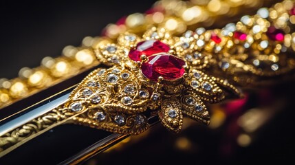 Fototapeta premium Ornate gold jewelry with red gems and sparkling diamond accents
