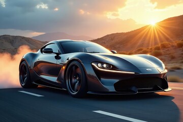 Fototapeta premium Sleek sports car, chrome accents, powerful engine Ready for a thrilling ride , bonnet, blue, night