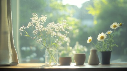 White flowers and cups sit near a window with a sunny view