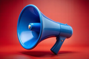 3D blue megaphone on red background communication and announcement concept