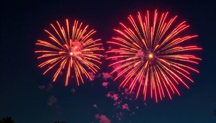 Fototapeta premium Vibrant fireworks exploding in a night sky, displaying fiery red, orange, and yellow flames , art, nature