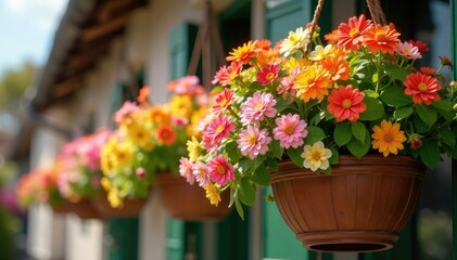 Vibrant overflowing hanging baskets bursting with colorful flowers , porch, leaves