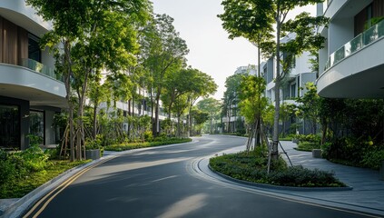 Obraz premium Curving Road Through Lush Green Landscape With Modern Buildings