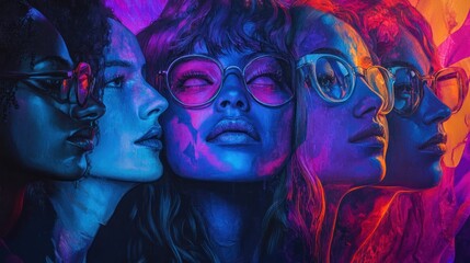 Fototapeta premium Colorful portrait of diverse women wearing glasses in harmony