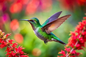 Fototapeta premium Vibrant Green Hummingbird in Flight Near Red Flowers