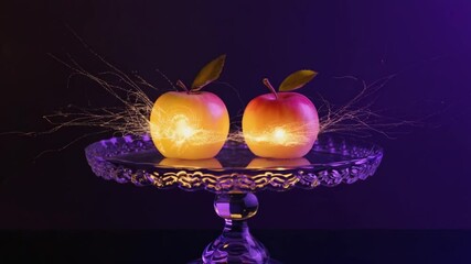 Two glowing apples on glass stand illuminated by light on dark background - Powered by Adobe