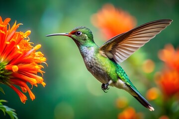 Fototapeta premium Green crowned Brilliant Hummingbird Hovering Near Orange Flower