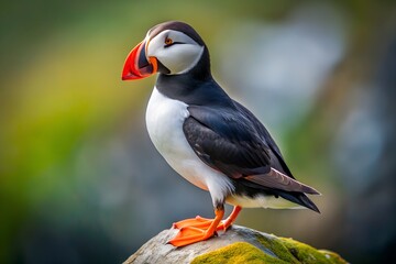Fototapeta premium Atlantic Puffin Perched on Mossy Rock in Natural Habitat