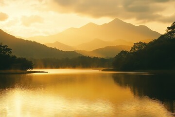 Obraz premium A breathtaking view of a serene mountain landscape at sunrise, with golden light illuminating the peaks and a calm lake reflecting the scenery. Perfect for use in travel marketing, nature blogs