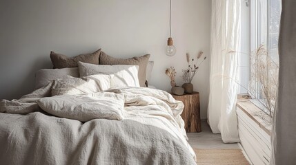 Cozy bedroom with neutral tones, natural light, and decor
