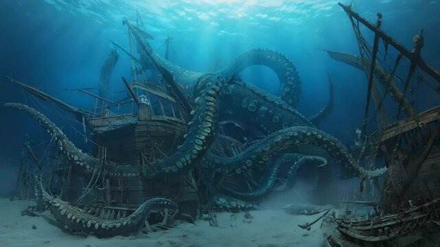 Underwater scene colossal sea creature with sunken ship remains