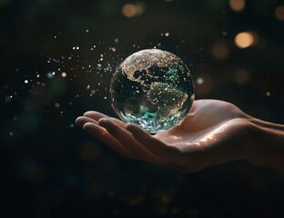 Glowing Glass Earth Globe Held in a Hand, Dark Background