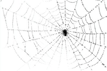 Obraz premium A spider sits in the center of its web, adorned with glistening morning dew drops.