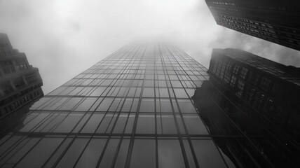 Monochrome Low Angle View of Sleek Glass Skyscrapers Under Cloudy Sky Emphasizing Modern Urban Architecture and Atmospheric Depth