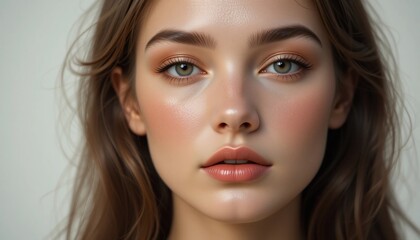 Obraz premium Stunning Close up Portrait of a Young Woman with Natural Makeup and Long Brown Hair