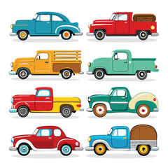 Eight Classic truck arranged on white background