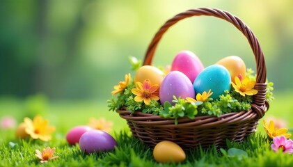 Colorful Easter eggs nestled in a spring basket with blooming flowers and fresh green grass , easter celebration, flowers