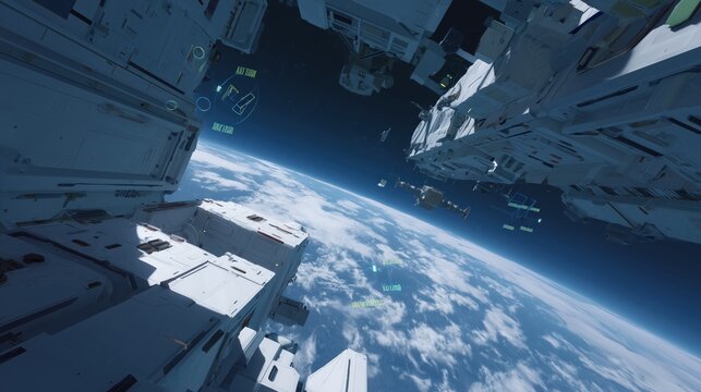 Space Station View Over Earth with HUD Overlay - Powered by Adobe