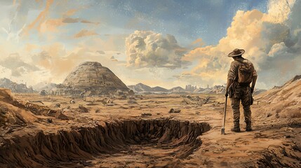 Obraz premium Lone Figure in Desolate Desert Landscape at Twilight
